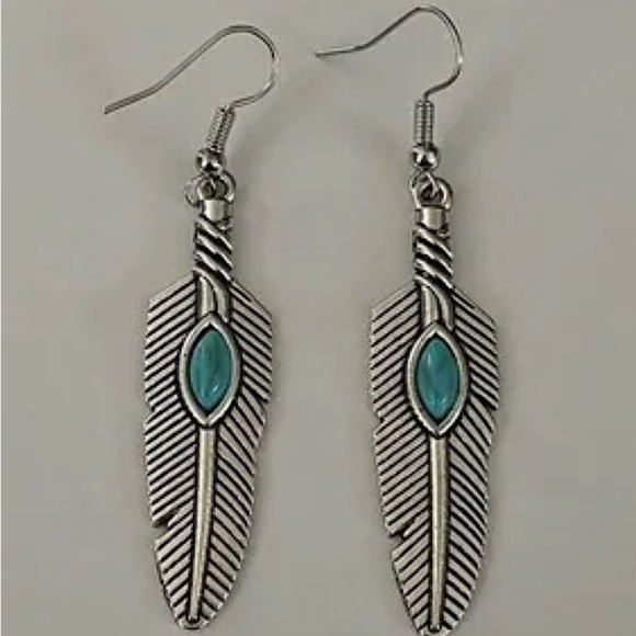 Hippie Bohemian Feather Turquoise Antique Silver Earrings - Picture 2 of 2